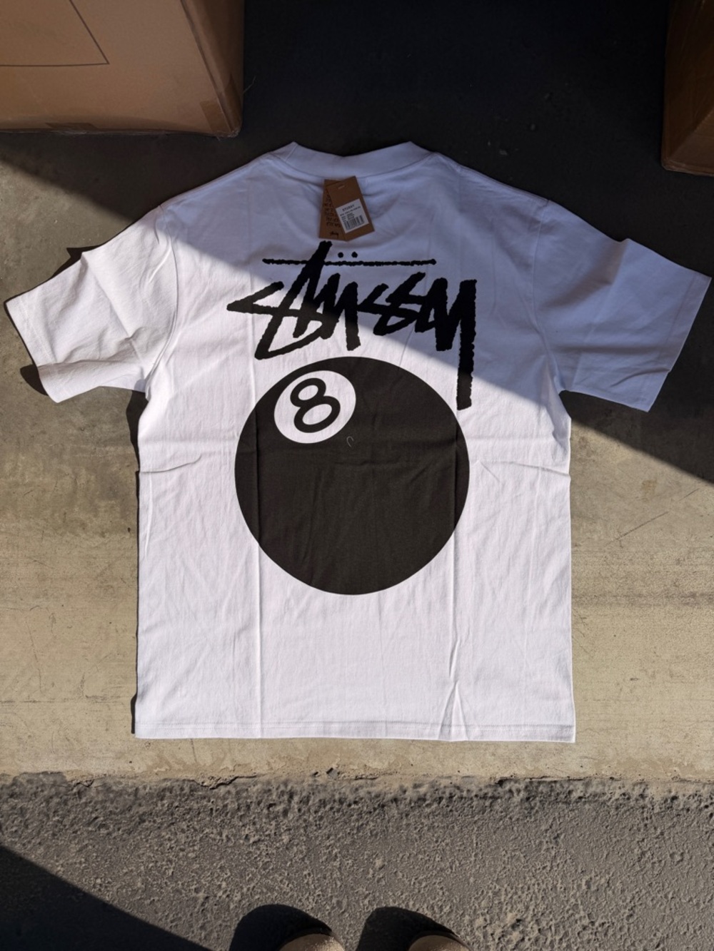 Stussy White Tee with Black 8-Ball Graphic and Logo